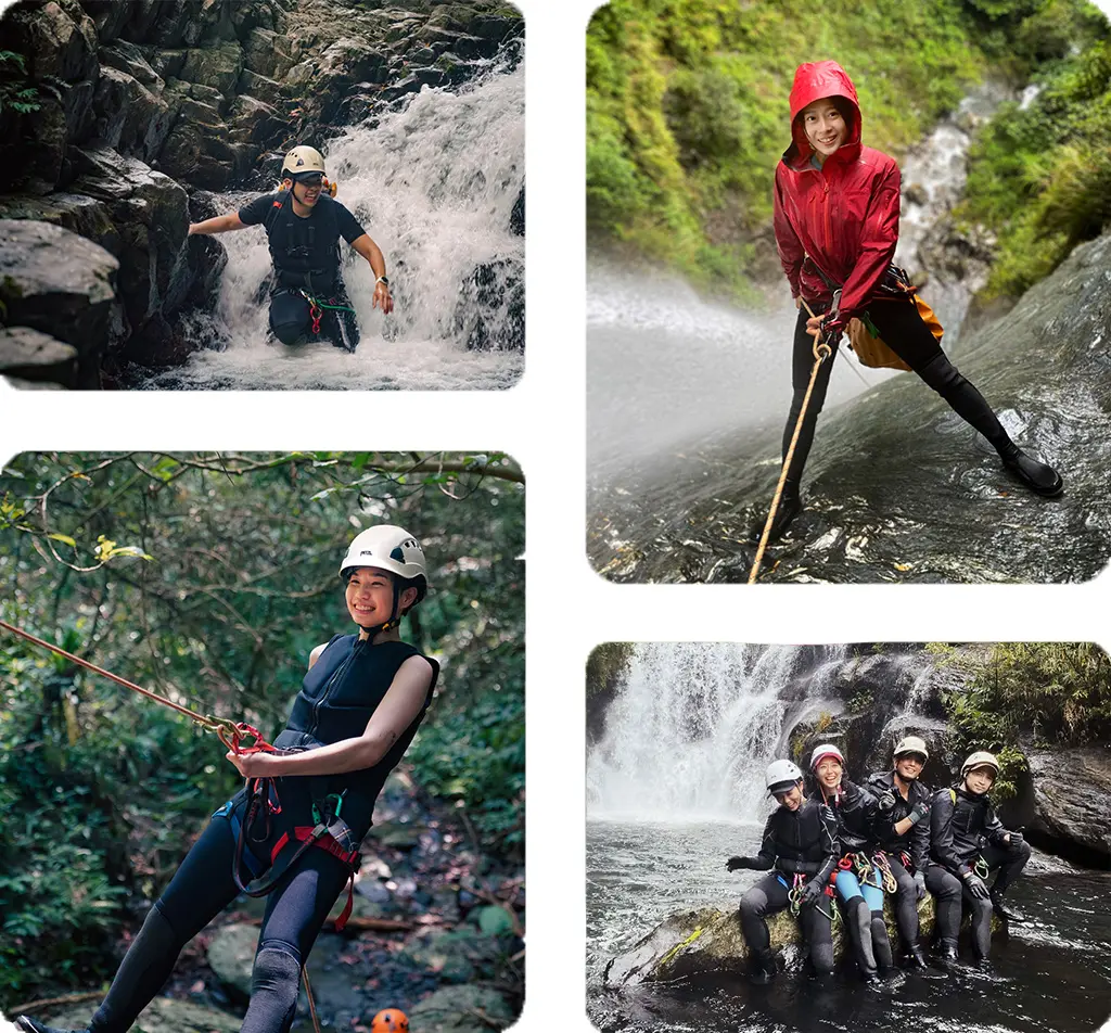 a collage of clients rappeling down waterfalls smiling