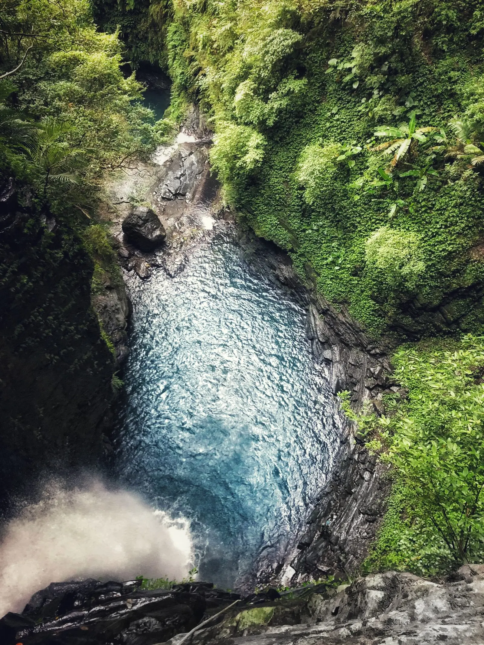 canyoning rope extends down a very long vertical pitch into a deep pool